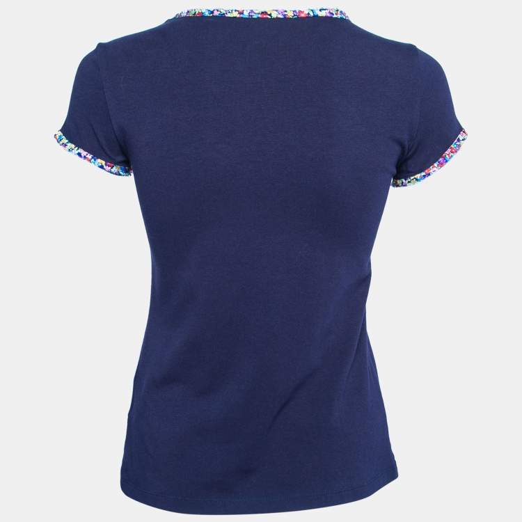 Pre Owned CH Carolina Herrera Navy Blue Cotton Floral Logo Embroidered T-Shirt XS