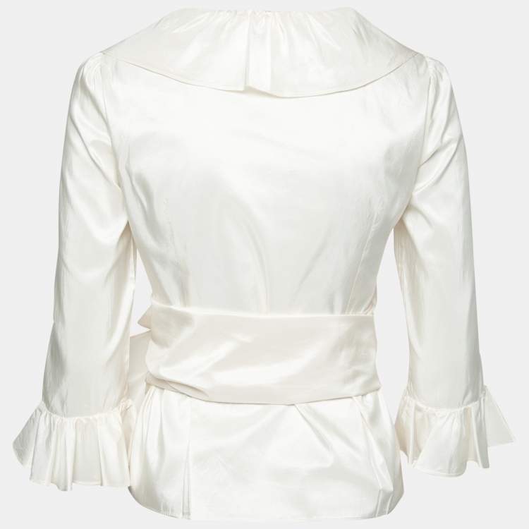 Pre Owned CH Carolina Herrera White Ruffle Detail Silk Top S