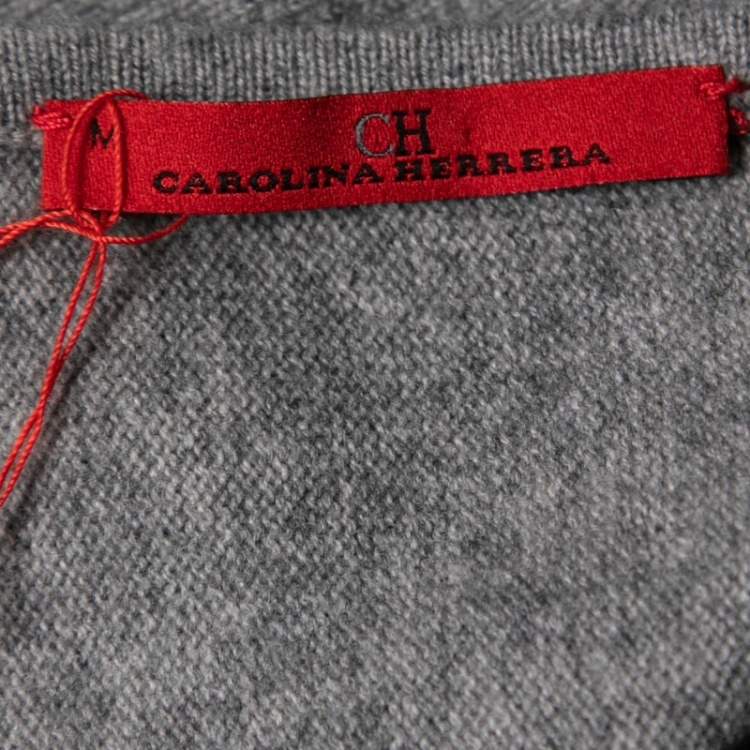 Pre Owned CH Carolina Herrera Grey Wool Bow Detail Round Neck Sweater M