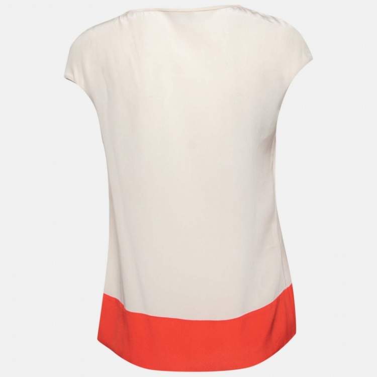 Pre Owned CH Carolina Herrera Cream Silk Bow Applique Cap Sleeves Top S