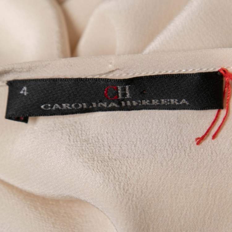 Pre Owned CH Carolina Herrera Cream Silk Bow Applique Cap Sleeves Top S