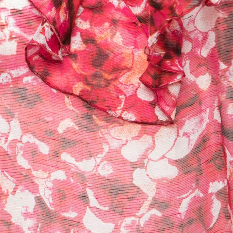 Pre Owned CH Carolina Herrera Pink Floral Printed Linen Ruffle Front Blouse S