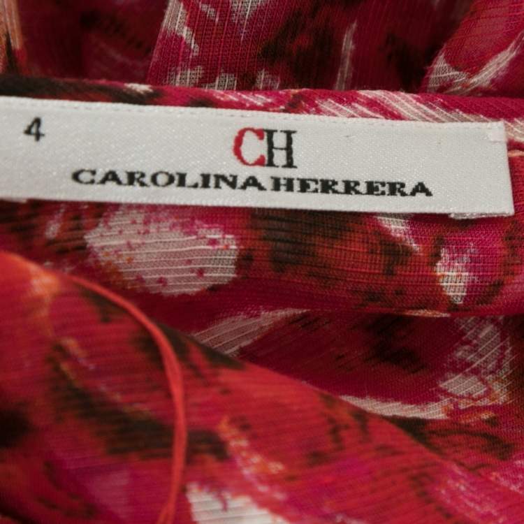 Pre Owned CH Carolina Herrera Pink Floral Printed Linen Ruffle Front Blouse S