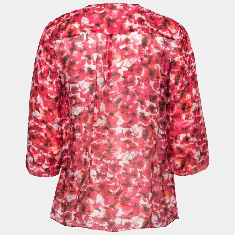 Pre Owned CH Carolina Herrera Pink Floral Printed Linen Ruffle Front Blouse S