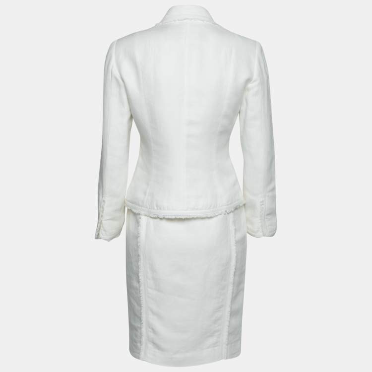 Pre Owned CH Carolina Herrera White Linen Frayed Edged Double Breasted Blazer & Skirt Set S