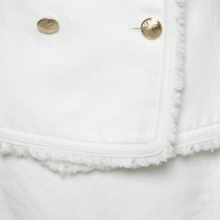 Pre Owned CH Carolina Herrera White Linen Frayed Edged Double Breasted Blazer & Skirt Set S