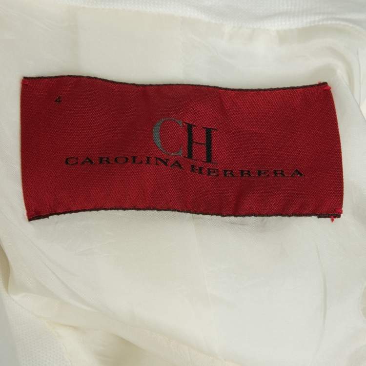 Pre Owned CH Carolina Herrera White Linen Frayed Edged Double Breasted Blazer & Skirt Set S