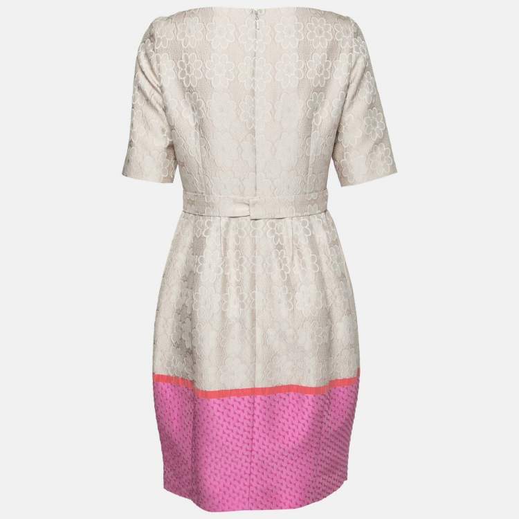 مملوكة مسبقًا CH Carolina Herrera Beige & Pink Floral Jacquard Belted Dress M