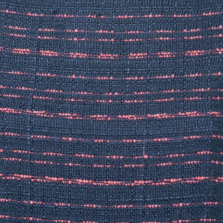 Pre Owned CH Carolina Herrera Navy Blue and Red Tweed Fringe Trim Dress XS