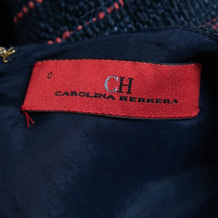 Pre Owned CH Carolina Herrera Navy Blue and Red Tweed Fringe Trim Dress XS