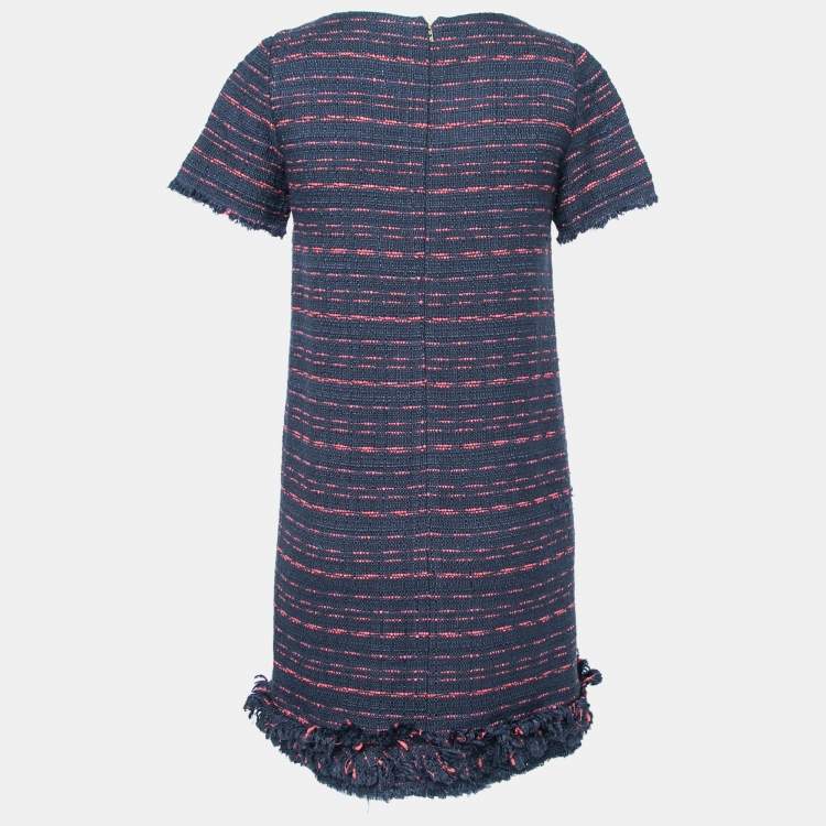 Pre Owned CH Carolina Herrera Navy Blue and Red Tweed Fringe Trim Dress XS