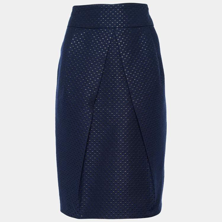Pre Owned CH Carolina Herrera Navy Blue Dot Pattern Wool Blend Pleated Skirt L
