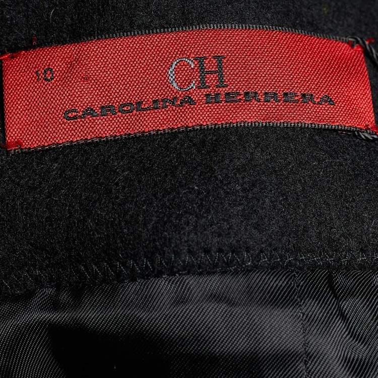 Pre Owned CH Carolina Herrera Navy Blue Dot Pattern Wool Blend Pleated Skirt L