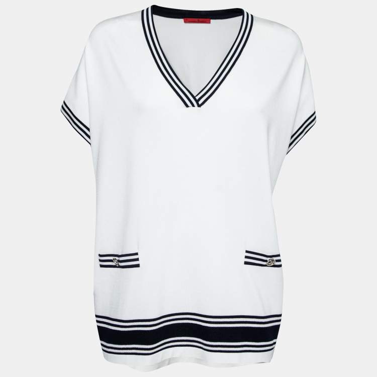مملوكة مسبقًا CH Carolina Herrera White Knit Pocket Detailed V-Neck Oversized Top XS