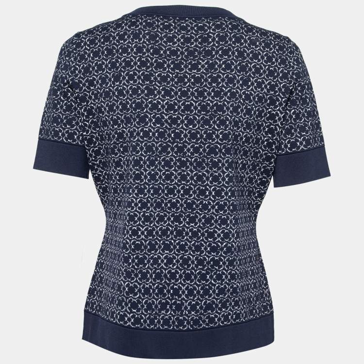 Pre Owned CH Carolina Herrera Navy Blue Patterned Jacquard Knit Short Sleeve Top M