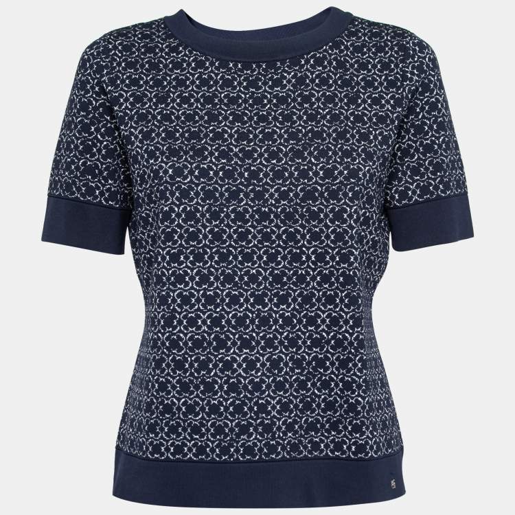 Pre Owned CH Carolina Herrera Navy Blue Patterned Jacquard Knit Short Sleeve Top M