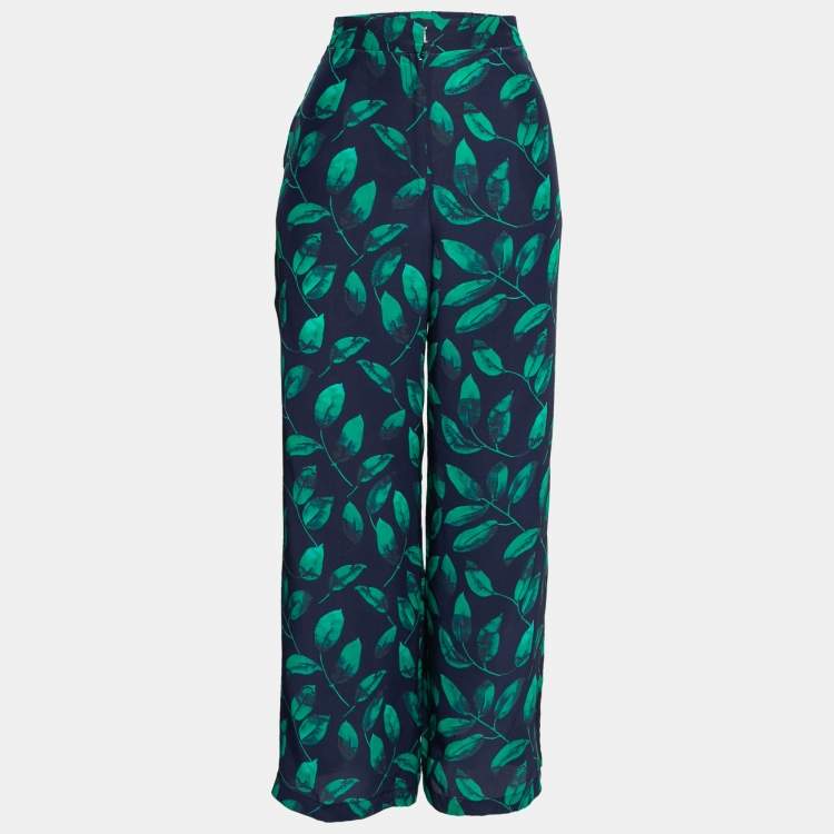 Pre Owned CH Carolina Herrera Navy Blue Leaf Printed Silk Wide Leg Trousers M Waist 31"