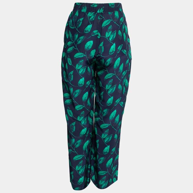 Pre Owned CH Carolina Herrera Navy Blue Leaf Printed Silk Wide Leg Trousers M Waist 31"