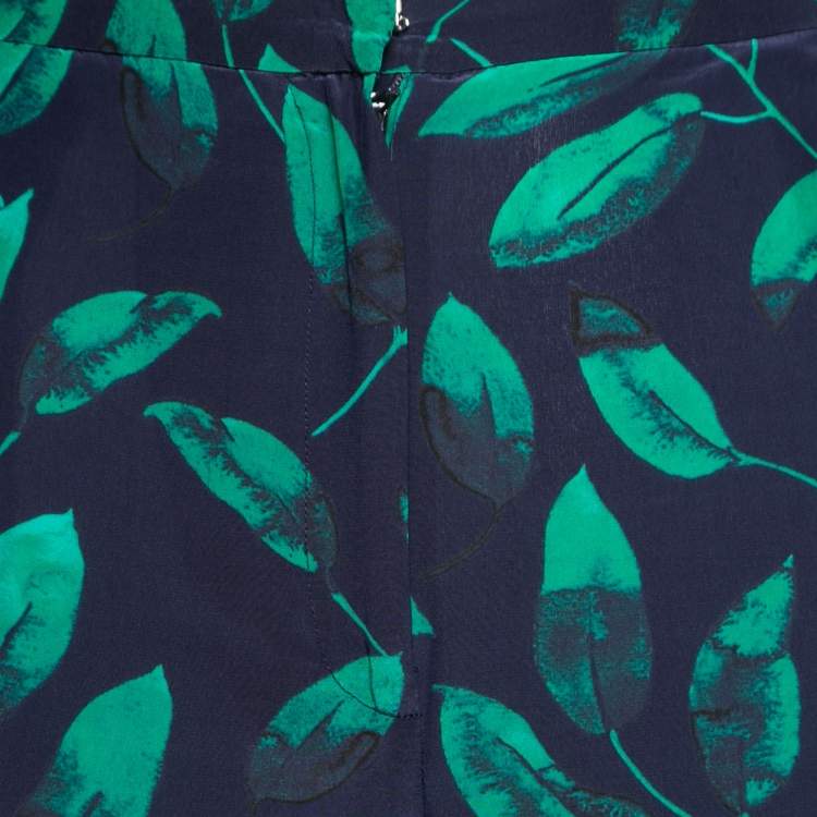 Pre Owned CH Carolina Herrera Navy Blue Leaf Printed Silk Wide Leg Trousers M Waist 31"