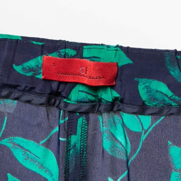 Pre Owned CH Carolina Herrera Navy Blue Leaf Printed Silk Wide Leg Trousers M Waist 31"
