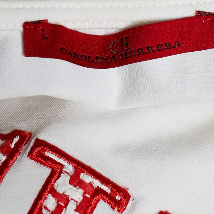 Pre Owned CH Carolina Herrera White Cotton Logo Embroidered Crew Neck T-Shirt L