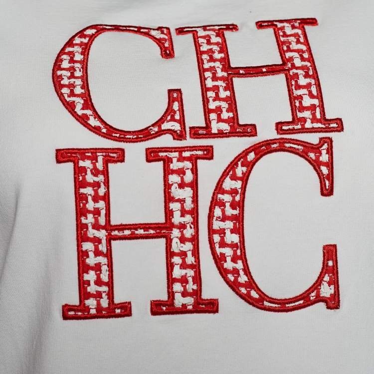 Pre Owned CH Carolina Herrera White Cotton Logo Embroidered Crew Neck T-Shirt L