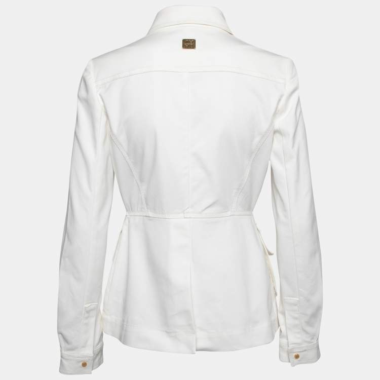 Pre Owned CH Carolina Herrera White Cotton Stretch Zip Front Peplum Jacket M