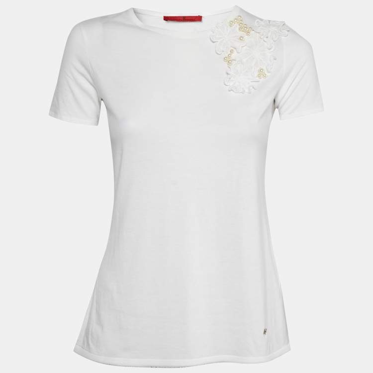 Pre Owned CH Carolina Herrera White Cotton Floral Pearl Applique T-Shirt XS