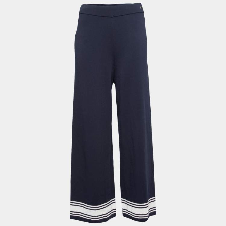Pre Owned CH Carolina Herrera Navy Blue Knit High Waisted Wide Leg Pants S
