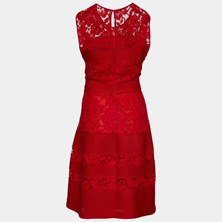 Pre Owned CH Carolina Herrera Red Floral Lace & Mesh Paneled Sleeveless Dress L