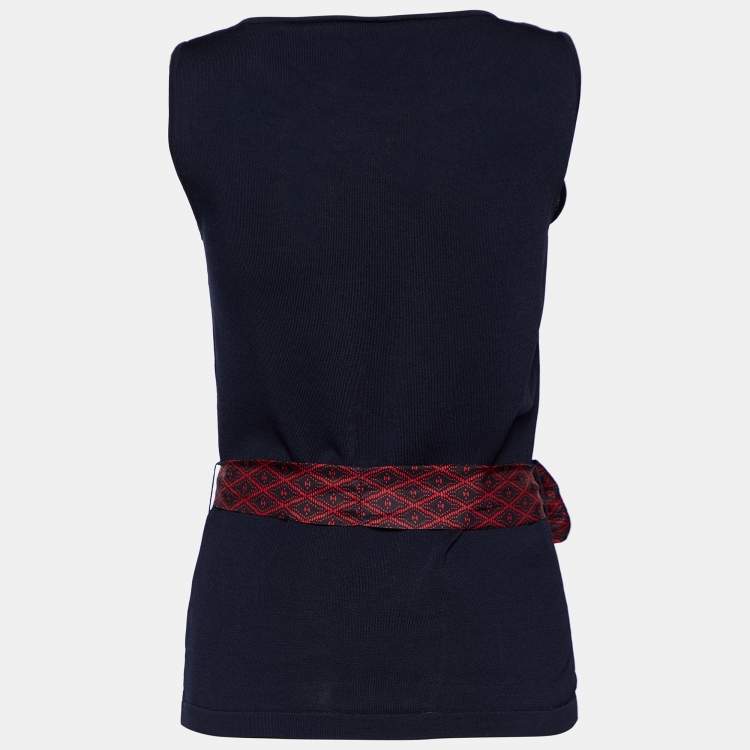 Pre Owned CH Carolina Herrera Navy Blue Knit Belted Sleeveless Top S
