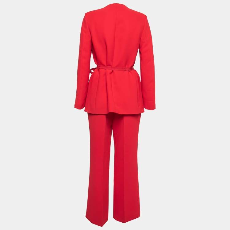 Pre Owned CH Carolina Herrera Red Crepe Belted Suit S/M