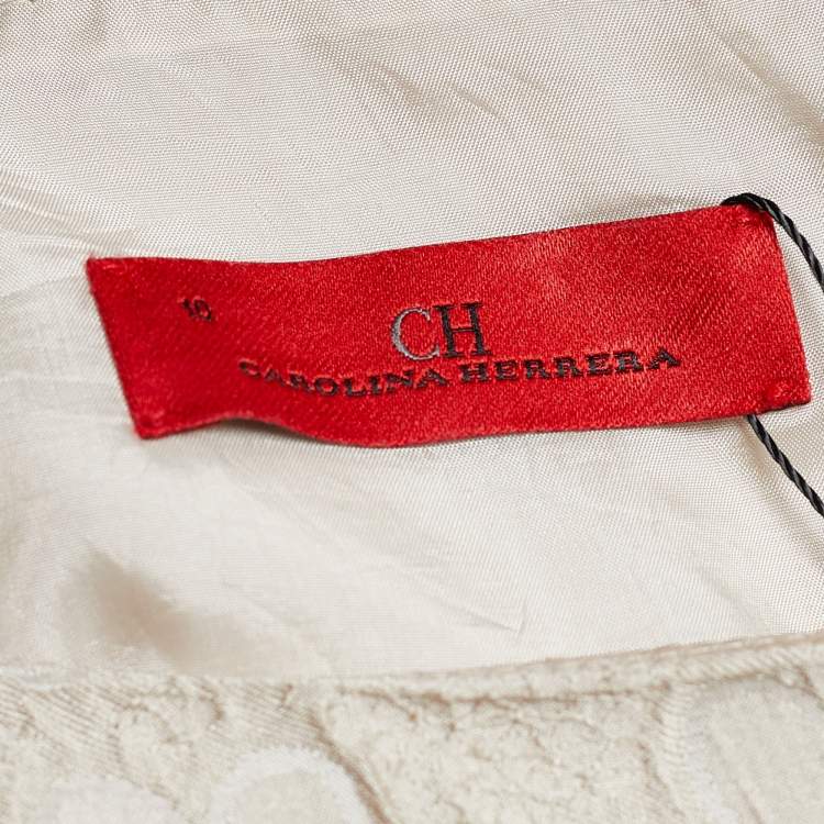 Pre Owned CH Carolina Herrera Cream Jacquard Contrast Detail Belted Midi Dress L