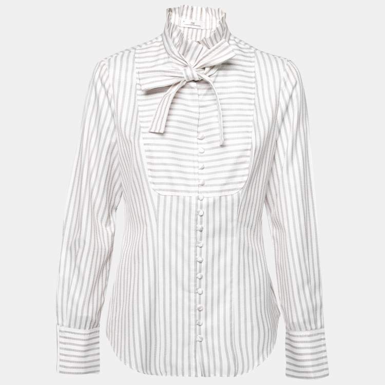 Pre Owned CH Carolina Herrera White & Beige Striped Cotton Neck Tie Detail Shirt L