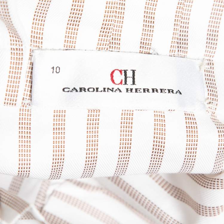 Pre Owned CH Carolina Herrera White & Beige Striped Cotton Neck Tie Detail Shirt L