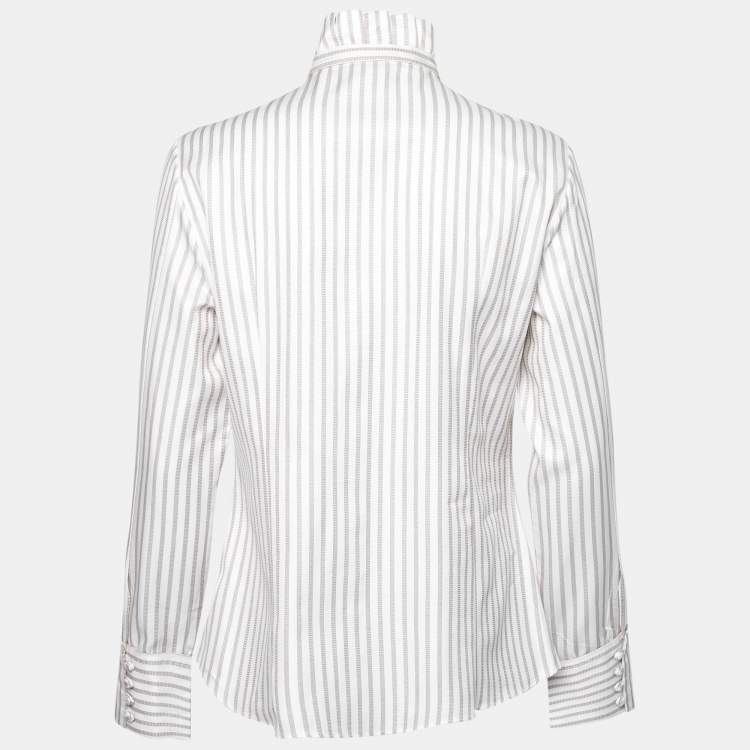 Pre Owned CH Carolina Herrera White & Beige Striped Cotton Neck Tie Detail Shirt L