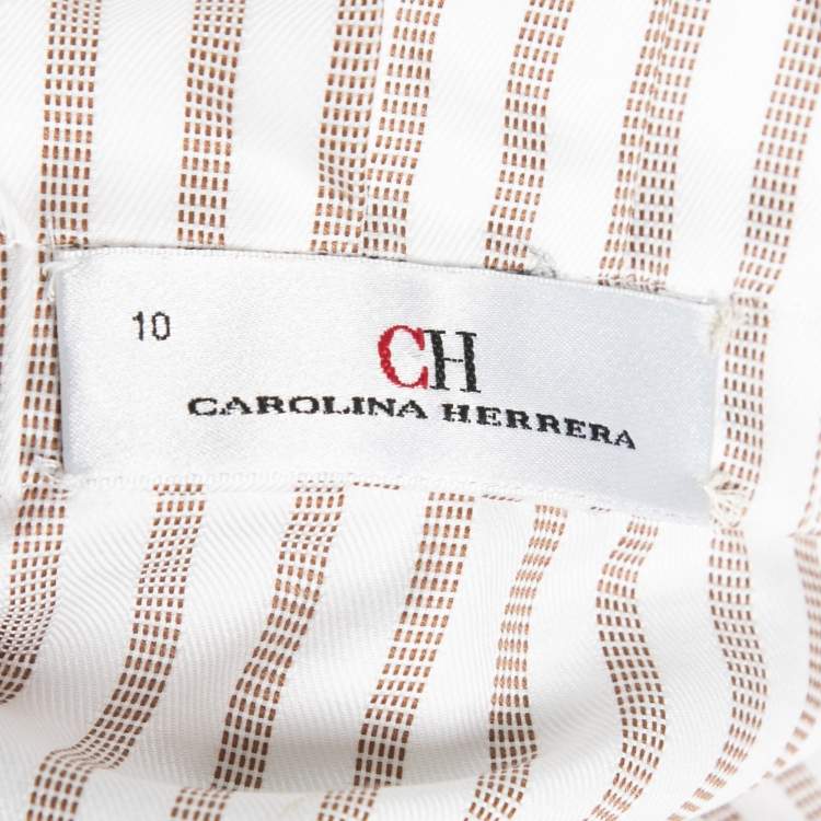 Pre Owned CH Carolina Herrera White & Beige Striped Cotton Neck Tie Detail Shirt L