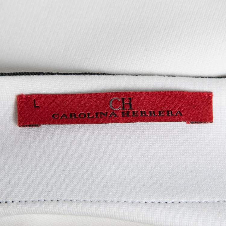 Pre Owned CH Carolina Herrera White Knit Stripe Trim Detail Dress L