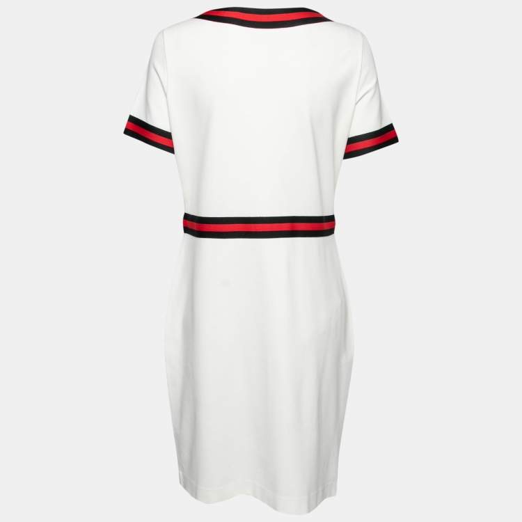 Pre Owned CH Carolina Herrera White Knit Stripe Trim Detail Dress L