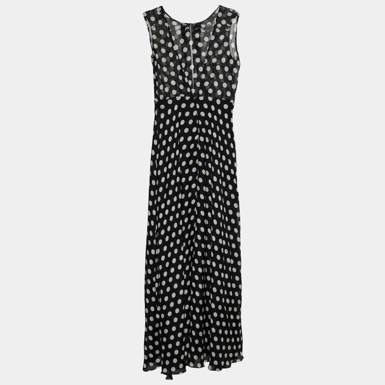 Pre Owned CH Carolina Herrera Black Polka Dot Silk Sleeveless Maxi Dress M