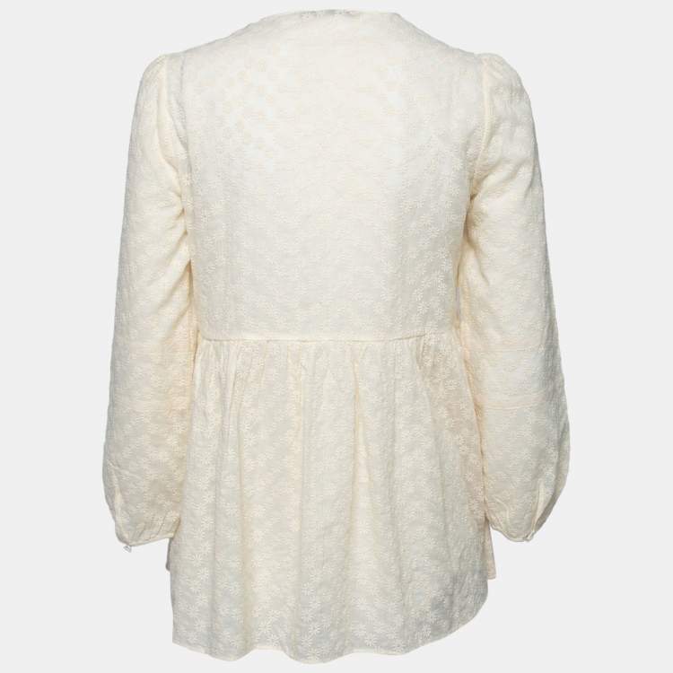 Pre Owned CH Carolina Herrera Cream Floral Embroidered Lace Trimmed Tunic M