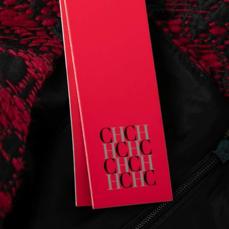 Pre Owned CH Carolina Herrera Red & Black Textured Jacquard Dress M