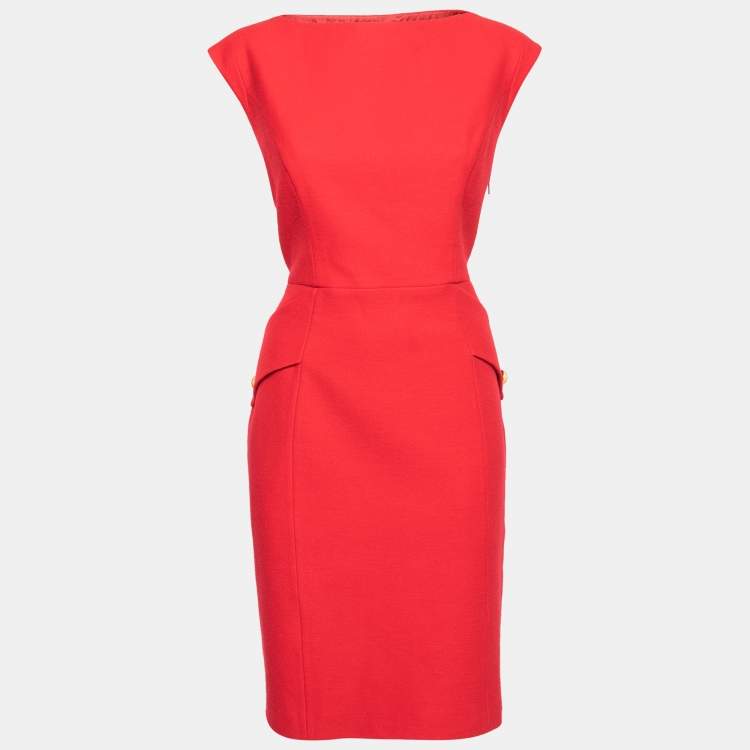 Pre Owned CH Carolina Herrera Red Wool Sleeveless Midi Dress L