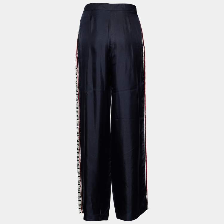 Pre Owned CH Carolina Herrera Navy Blue Silk Logo Tape Pants M