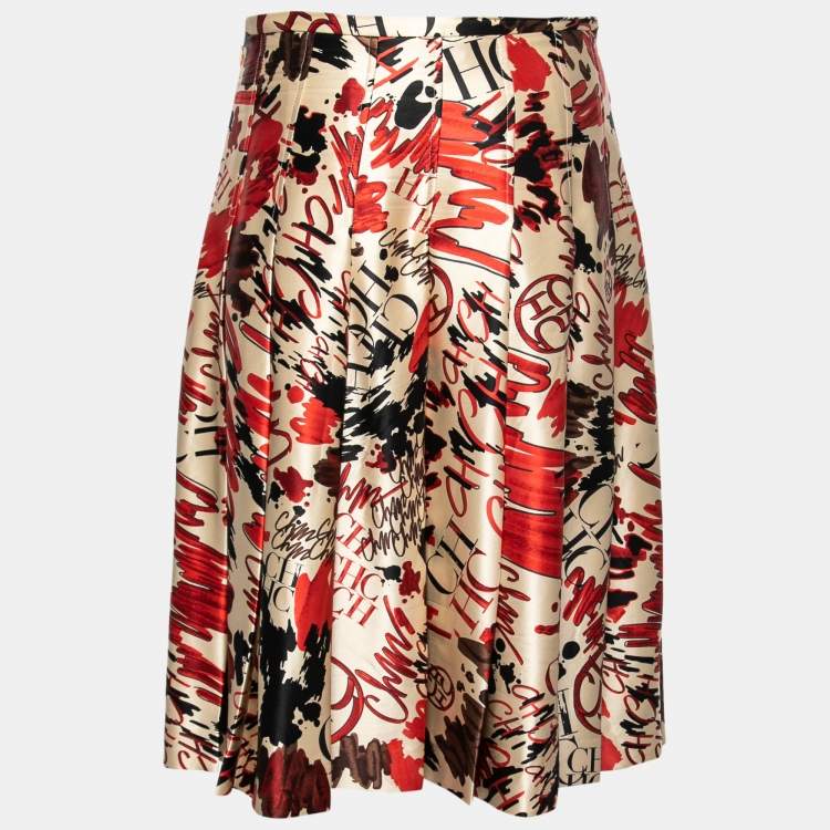 Pre Owned CH Carolina Herrera Cream Printed Silk-Satin Pleated Skirt M   