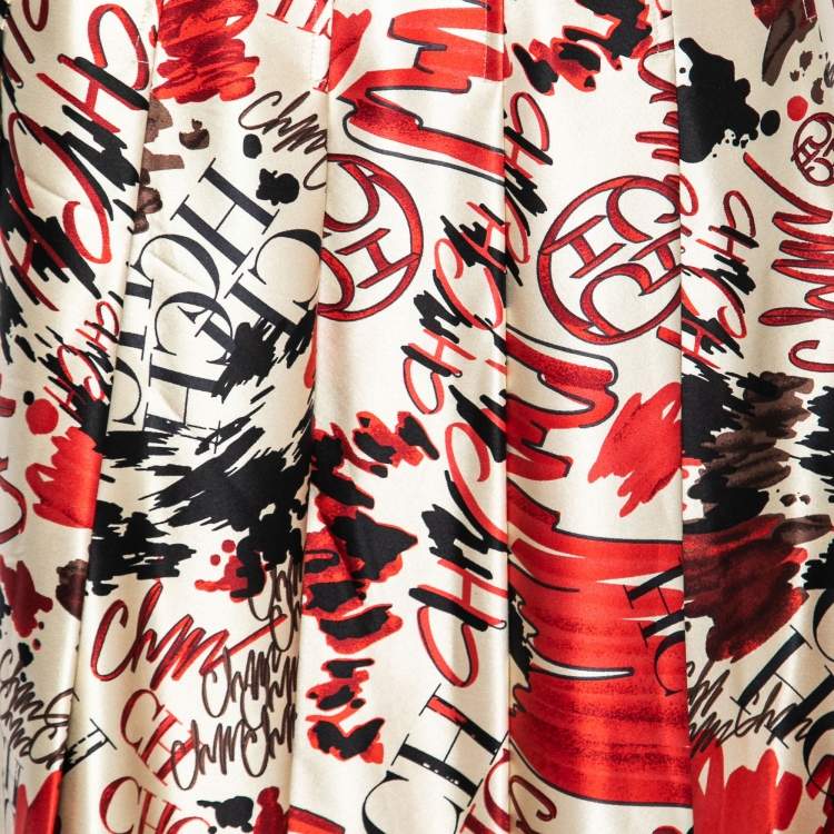 Pre Owned CH Carolina Herrera Cream Printed Silk-Satin Pleated Skirt M   