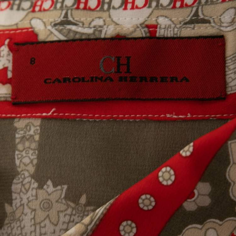 مملوكة مسبقًا CH Carolina Herrera Beige Multicolor Printed Silk Belted Shirt Dress M