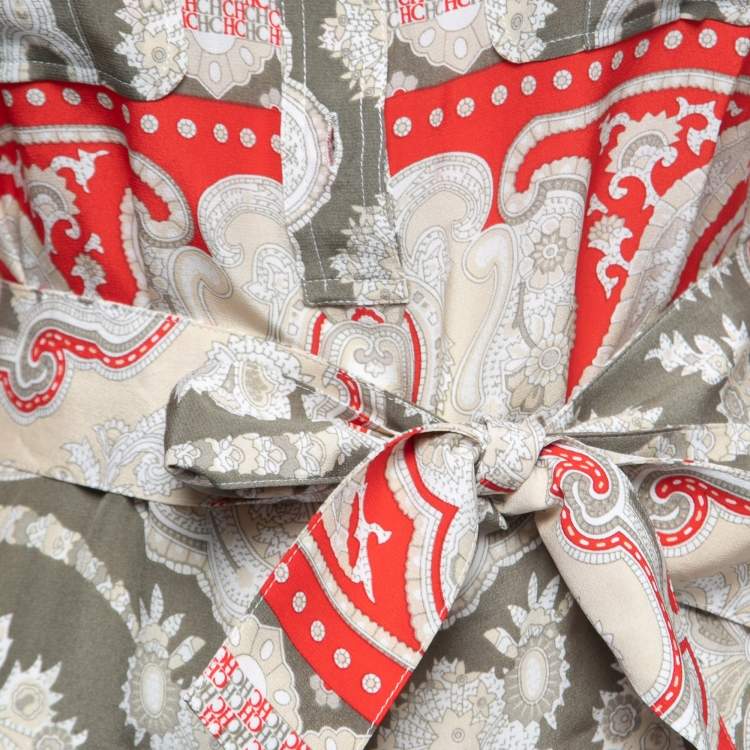 مملوكة مسبقًا CH Carolina Herrera Beige Multicolor Printed Silk Belted Shirt Dress M