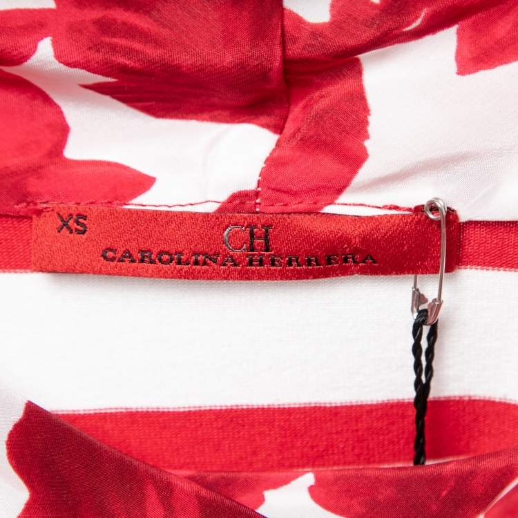 Pre Owned  CH Carolina Herrera Red Striped Cotton Tie Neck Top XS