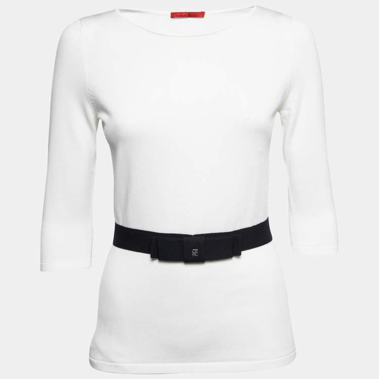 Pre Owned CH Carolina Herrera White Knit Belt Detail Round Neck Top S